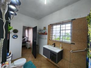 a bathroom with a sink and a toilet and a window at The Stone Haven House in Kendal Station +29 photos