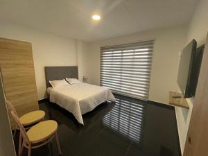 RoldanilloApartaestudio en pueblo mágico的一间卧室，有一张床、两把椅子和一扇窗户