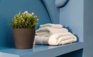 a shelf with towels and a vase with a plant at Elephant and Castle - Exclusive Holiday Home in Catania