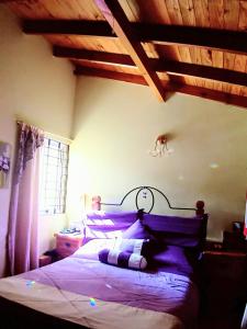 a bedroom with a large bed with a wooden ceiling at CASA FAMILIAS muy cerca PLAYA Y Av3 in Villa Gesell