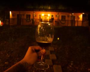 a person holding a glass of wine at night at Chalé Mascarenhas in Ibicoara +34 photos