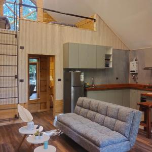 a living room with a couch and a kitchen at Cabaña en molco,entre Villarrica y Pucón in Molco