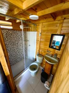 a bathroom with a toilet and a shower and a sink at Cabañas El Condominio Guatavita in Guatavita