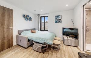 a bedroom with a bed and a flat screen tv at Pet Friendly Apartment in Saint-Benoît-des-Ondes +8 photos