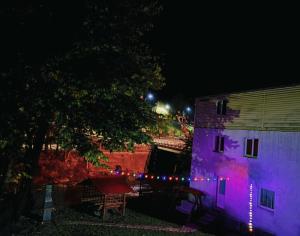 a building with purple lights on it at night at Vila Eden Azuga in Azuga