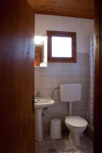 a bathroom with a toilet and a sink and a window at To Petrino Guesthouse in Agios Germanos