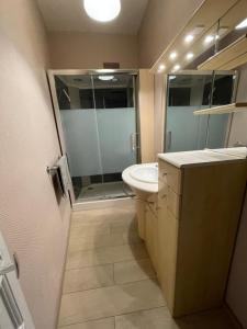 a bathroom with a shower and a sink and a toilet at Au Forum, Hypercentre Reims in Reims