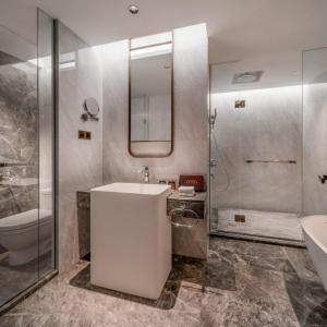 成都Chengdu Linxilizhai Hotel的带水槽、马桶和淋浴的浴室