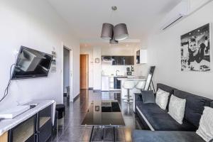 a living room with a couch and a tv at Welcoming Apartment with parking - Croisette in Cannes +9 photos