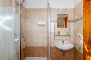 a bathroom with a shower and a sink at Csermák Lak in Veszprém +19 photos