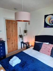 a bedroom with a bed with a blue blanket and a lamp at Super king bedroom with large ensuite in Brighton & Hove