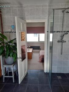 a bathroom with a walk in shower and a sink at Super king bedroom with large ensuite in Brighton & Hove +7 photos
