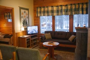 a living room with a couch and a television at Petäjäkylä in Kuusamo