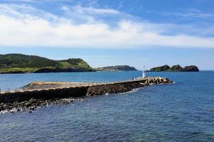 a pier with a lighthouse in the middle of the water at Jeju Neulboyi Ohu Pensyeon in Jeju