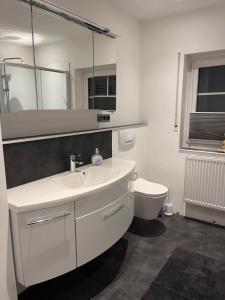 a white bathroom with a sink and a toilet at Landhaus Upn Wall mit Ponyreiten und Kutschfahrten in Mettingen +33 photos
