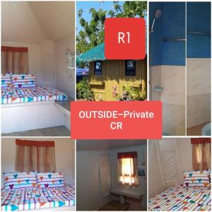 a collage of four pictures of a bed with a outside privatectr at CRISTINA Beachfront Cottages in San Juan