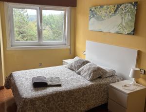 sypialnia z łóżkiem z dwiema poduszkami i oknem w obiekcie Grupo Gontad Apartamento Cordobés, Ponteceso w mieście A Coruña