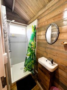 un baño con lavabo y ducha en Red Hibiscus Villas, en Rarotonga