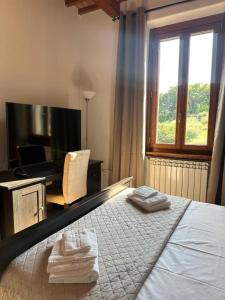 a bedroom with a bed with a desk and a television at Villa La Gioconda Rooms in Arezzo +32 photos