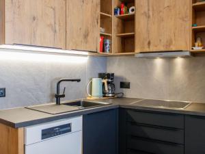 eine Küche mit Spüle und Arbeitsplatte in der Unterkunft Apartment Mont-Fort-4 by Interhome in Siviez + 25 Fotos