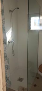 a shower with a glass door in a bathroom at Maison de charme 2 terrasses, en ville, mer, port. in Águilas