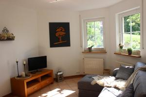 a living room with a couch and a tv at Ferienwohnung Am Waldrand in Saxler