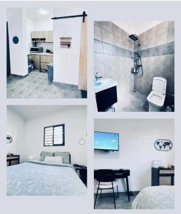 un collage de cuatro fotos de un dormitorio y un baño en Suites&Stay, en Antananarivo