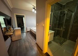 ein Bad mit einer ebenerdigen Dusche und einer Glasdusche an der Hintertür in der Unterkunft Liza Suit Hotel in Istanbul