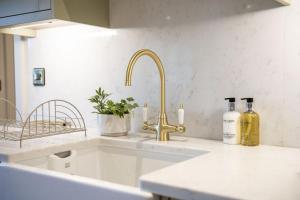 un bancone della cucina con lavandino e rubinetto d'oro di The Horse Box a Leyburn Altre 34 foto