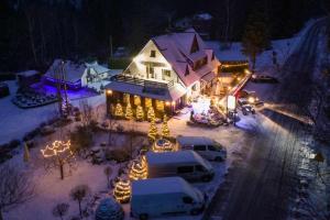 齐斯纳Villa Biesisko Przysłup Cisna的雪中遮盖着圣诞灯的房子