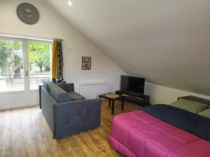ein Schlafzimmer mit einem Bett, einer Couch und einem Fernseher in der Unterkunft Studio proche centre-ville in Vitré