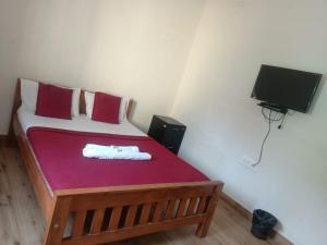 una piccola camera da letto con un letto con lenzuola rosse e una TV di MM comforts a Mysore