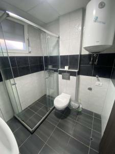 un bagno con doccia, wc e lavandino di APARTMANS AJAN OHRID a Ohrid