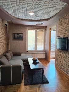 Una sala de estar con un sofá y un televisor. en Front Apartment, en Belgrado