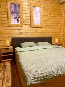 a bed in a wooden room with two windows at Mavrovo_apt4 in Mavrovo