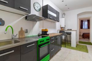 a kitchen with a green stove and a sink at Varkert Green 16 in Budapest