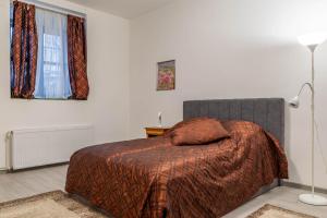 a bedroom with a bed with a brown comforter and a lamp at Varkert Green 16 in Budapest