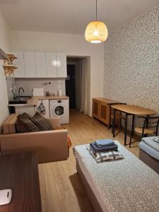 uma cozinha e uma sala de estar com um sofá e uma mesa em Night Host Krakowska 3 przy Rynku free parking em Bytom