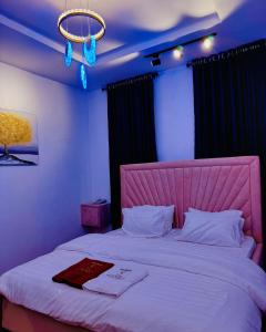 a bed with a pink headboard in a room at Comfortable 1 bedroom Apartment in Garki +19 photos