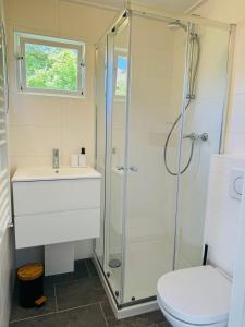une salle de bain avec douche, lavabo et toilettes dans l'établissement Familie Vakantiehuis - Zonneweelde, à Noordwijk aan Zee 24 autres photos