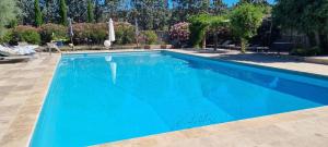 a blue swimming pool with chairs and trees at Moulin AURELIA in La Barben