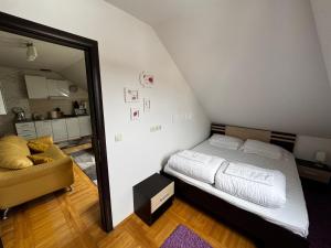 Un dormitorio con una cama, un espejo y una silla. en Apartment Meri in Kraljevi Cardaci, en Kopaonik