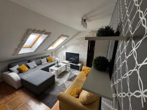 Una sala de estar con un sofá y un televisor. en Apartment Meri in Kraljevi Cardaci, en Kopaonik