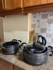 two pans sitting on top of a kitchen counter at Modern Haven in Nairobi
