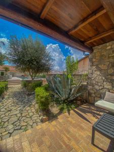 a patio with a bench and a large plant at Le Oreadi in Agerola +62 photos