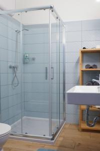 a glass shower in a bathroom with a sink at Pécs Centrum Apartman in Pécs +59 photos