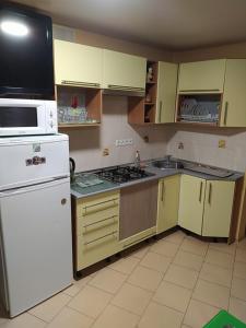 a kitchen with a white refrigerator and a microwave at Центр район 5 школи Апартаменти in Poltava