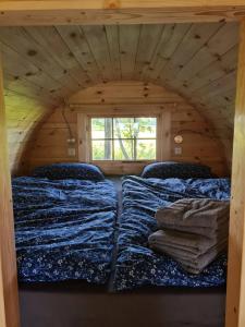 a room with two beds in a log cabin at Schlaffässer in der Natur in Holtgast