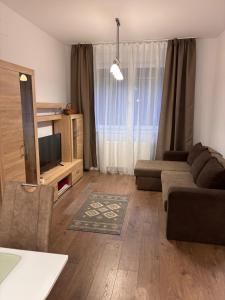 a living room with a couch and a television at Mirvana Apartments Solis Grande in Timişoara +12 photos