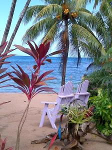 two white chairs on a beach with the ocean at Veranda View Guesthouse in Calibishie